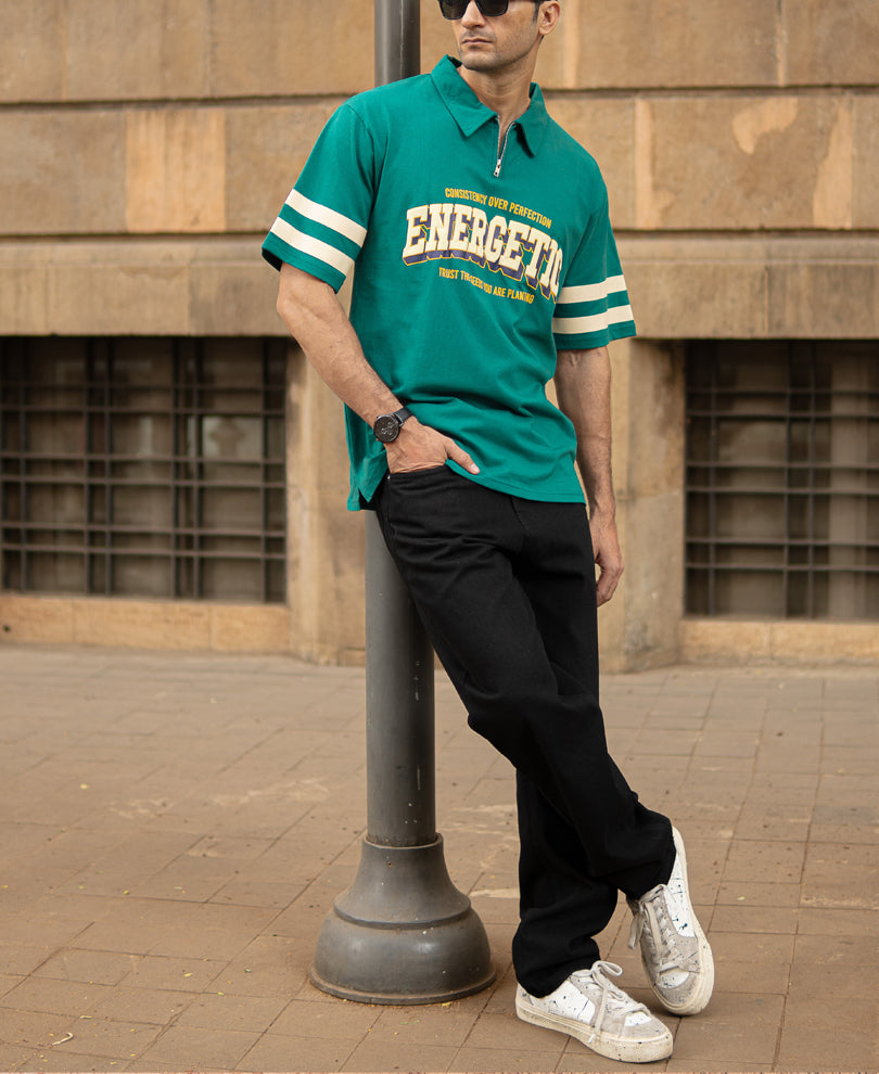Teal Graphic Zipper Polo T-Shirt