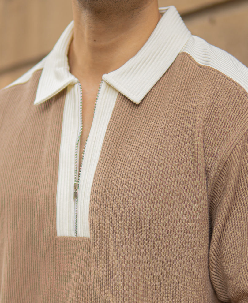 Beige Colour Blocked Polo T-Shirt
