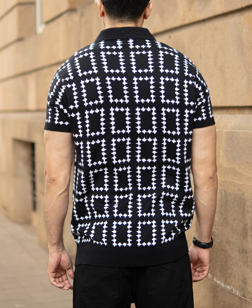 Black Knit Zipper Polo T-Shirt