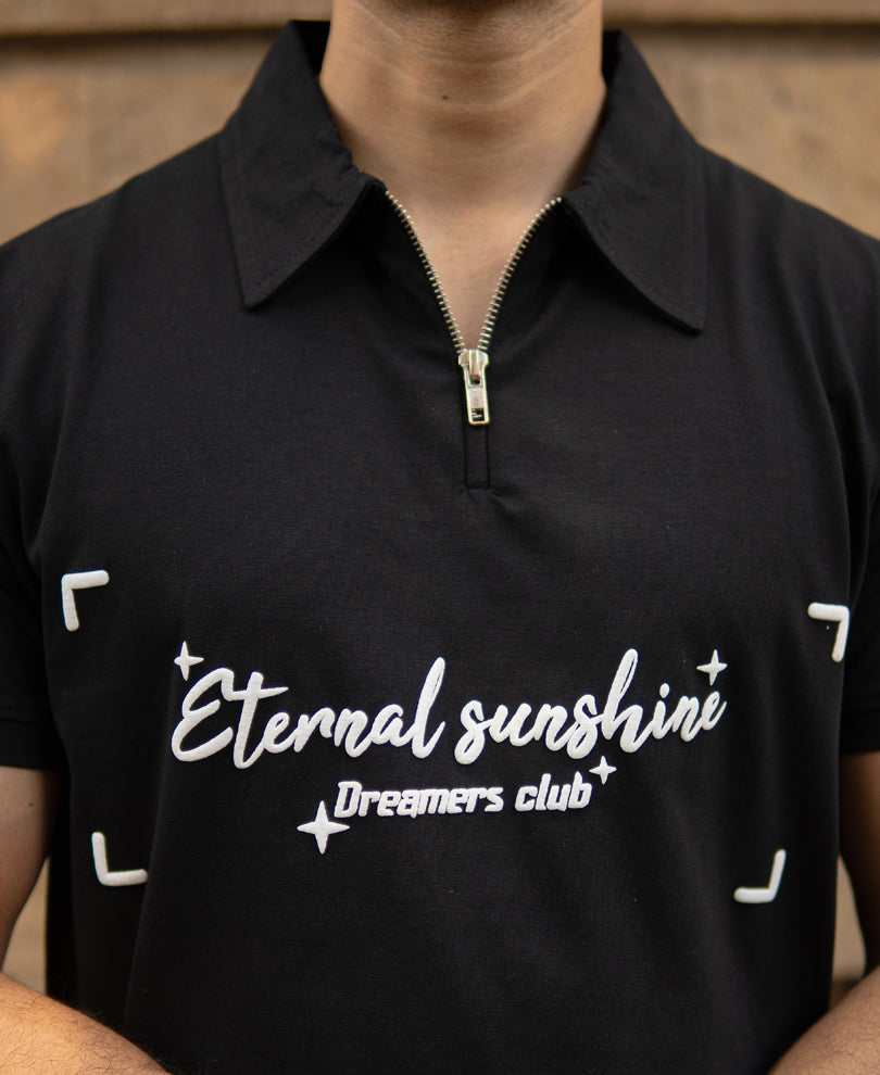 Black Printed Zipper Polo T-Shirt