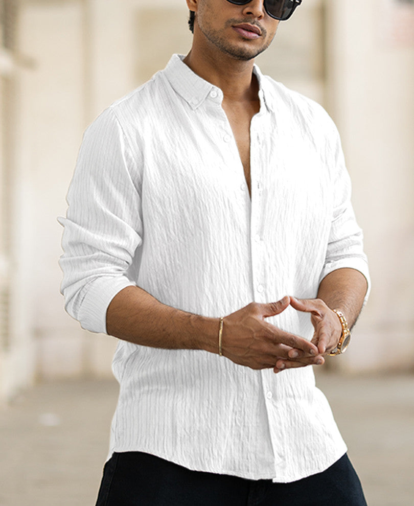 White Regular Fit Stripes Full Sleeves Shirt