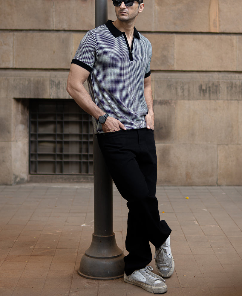 Black And White Knit Polo T-Shirt
