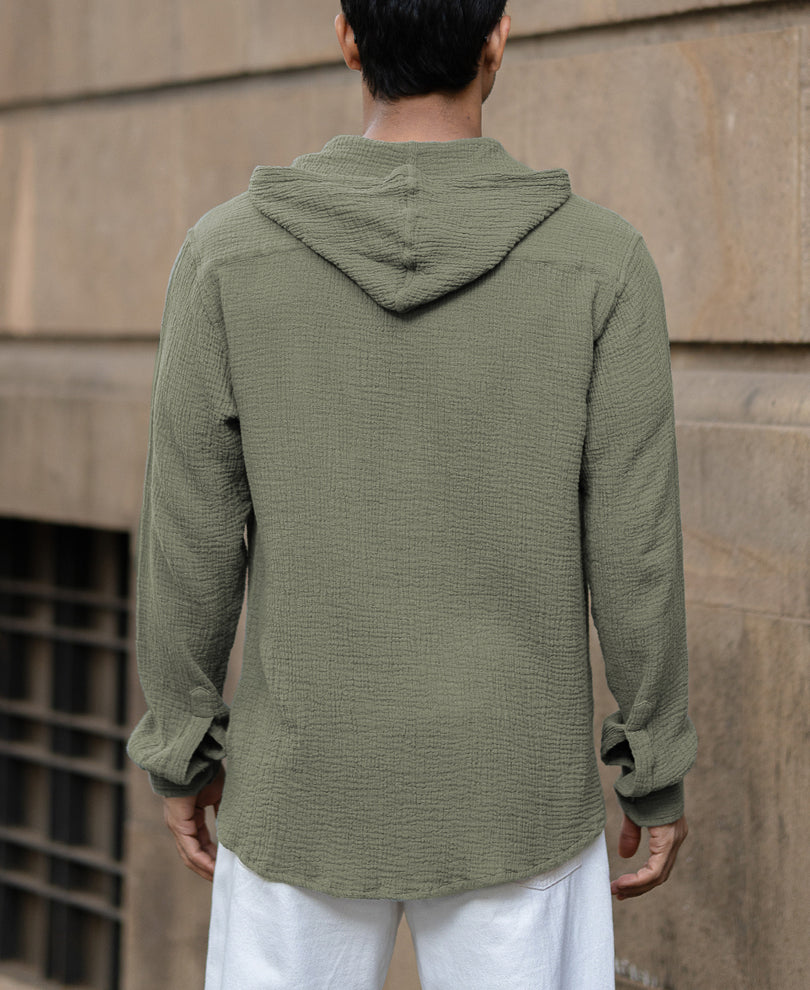 Sage Green Crinkled Hooded Shirt