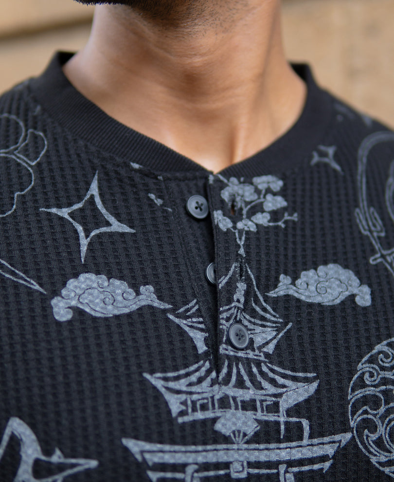 Black Japanese Print Henley T-Shirt