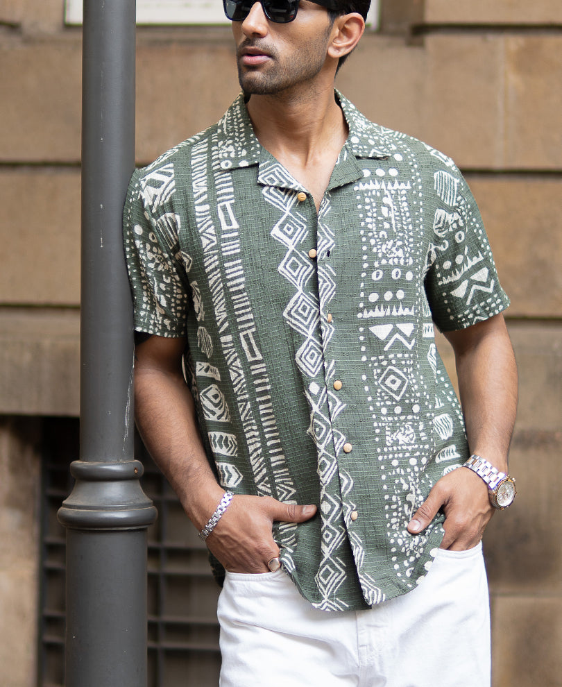 Light Olive Structured Printed Shirt