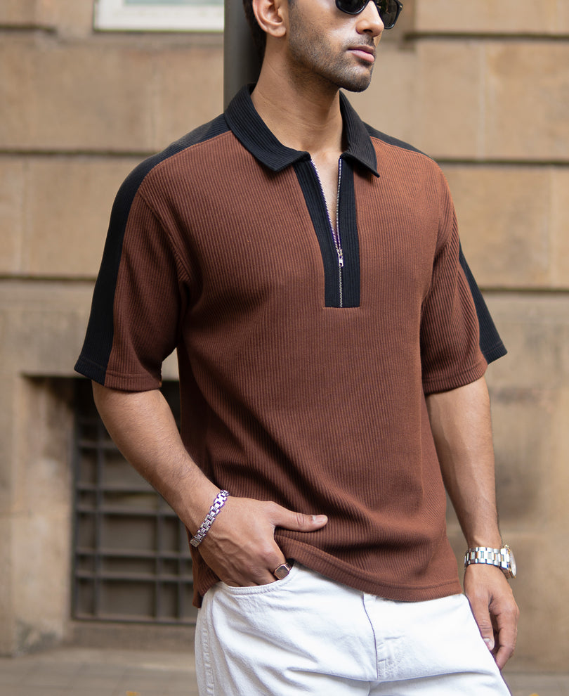 Brown And Black Colourblock T-Shirt