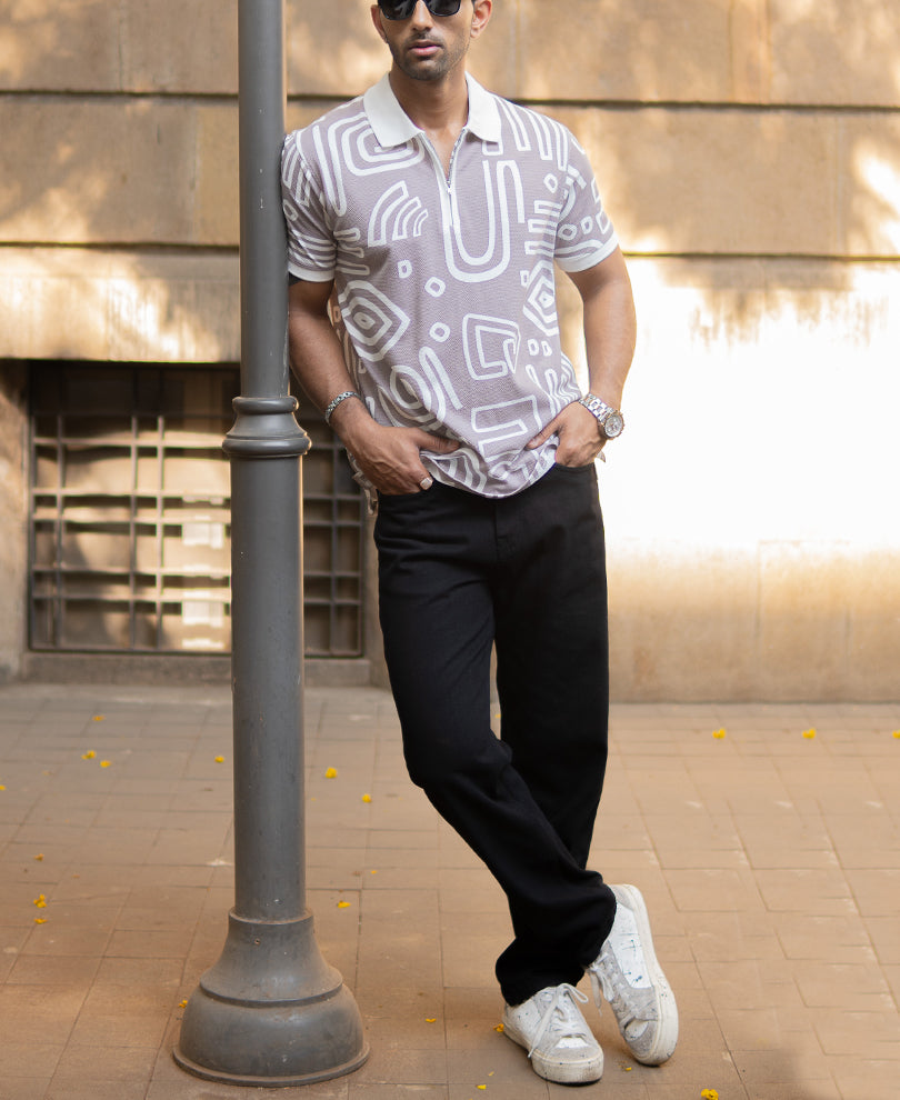 Grey Contrast Printed Polo T-Shirt