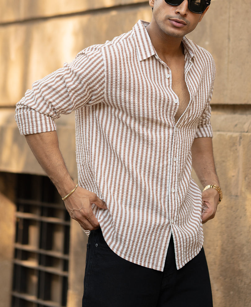 Light Brown Seersucker Stripe Shirt