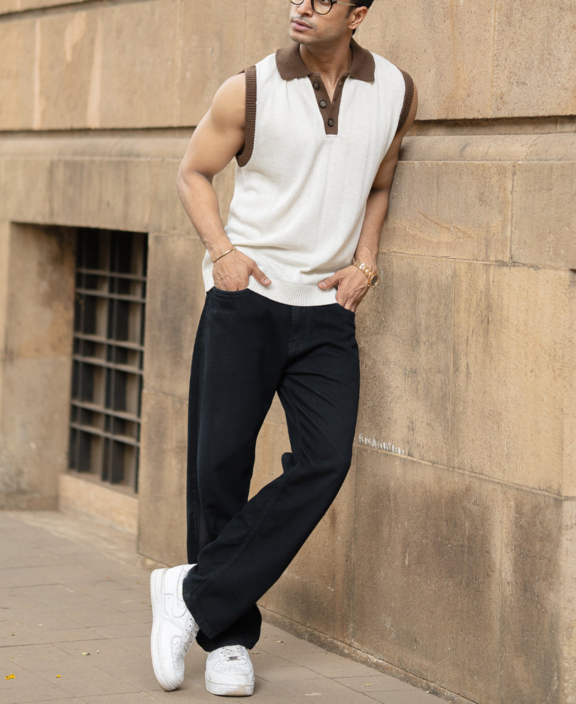 Cream Contrast Collar Knit Sando