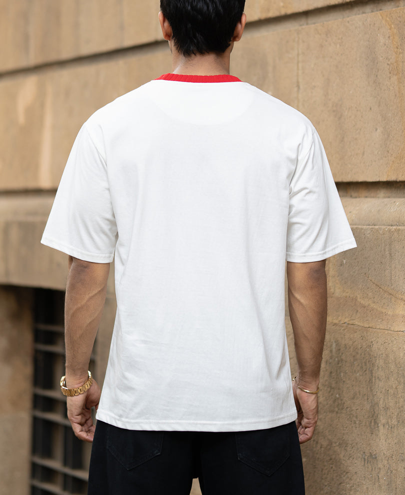 White Contrast Neck Graphic T-Shirt