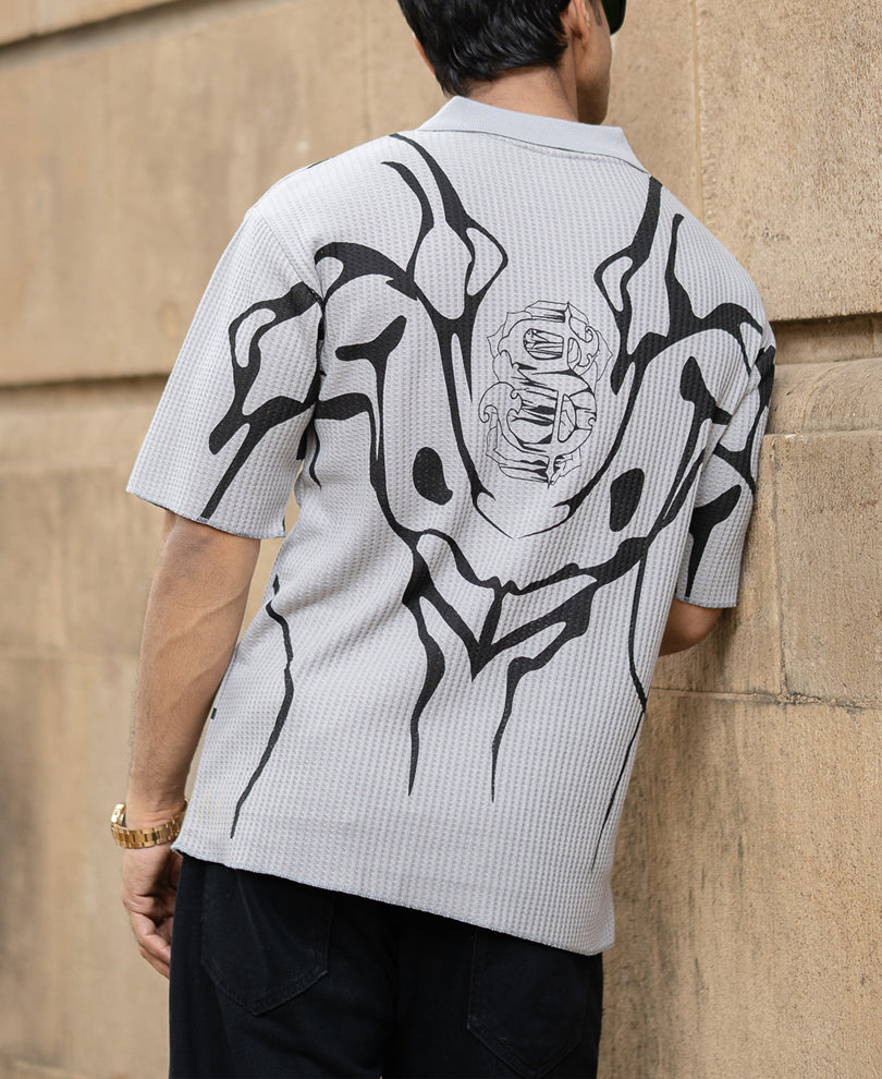 Grey Structured Print Polo T-Shirt