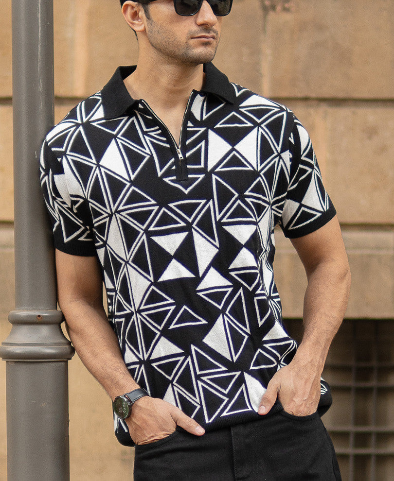 Black Geometric Knit Polo T-Shirt