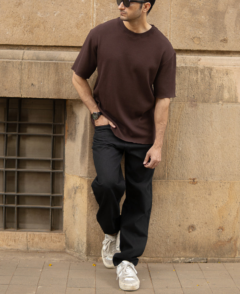 Dark Brown Structured Knit T-Shirt