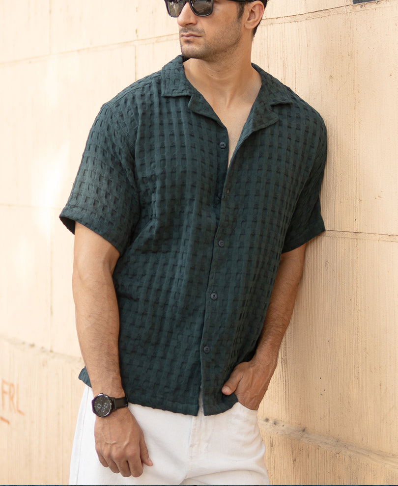 Bottle Green Structured Oversized Half Sleeeves Shirt