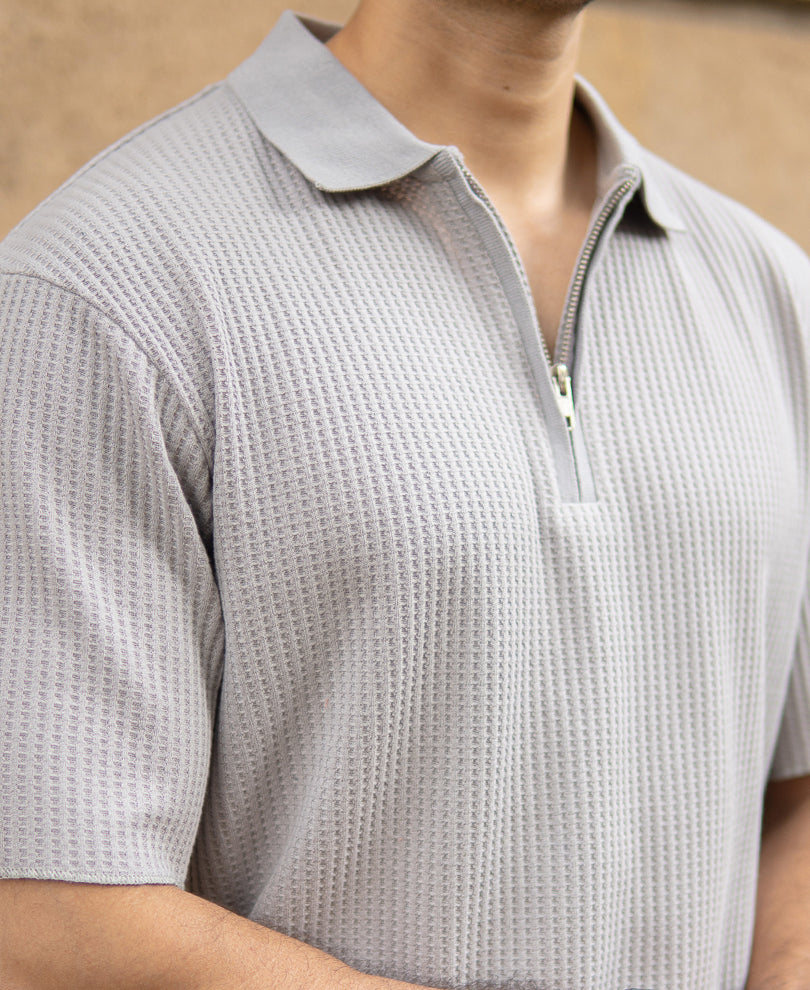 Grey Structured Zipper Polo T-Shirt