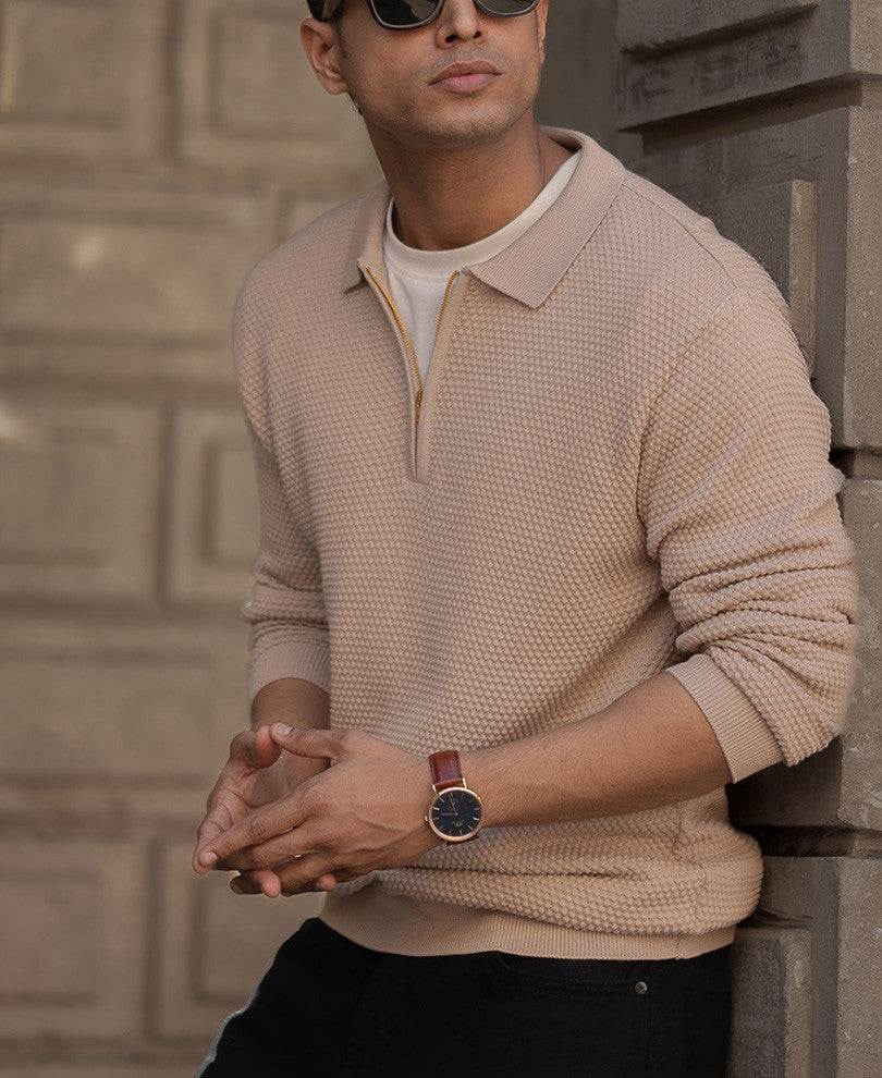 Beige Regular Fit Full Sleeves Structured T-Shirt
