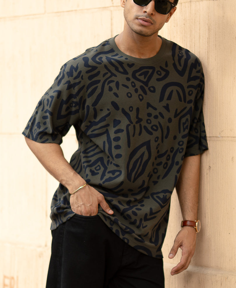 Olive Abstract Leaf Printed T-Shirt