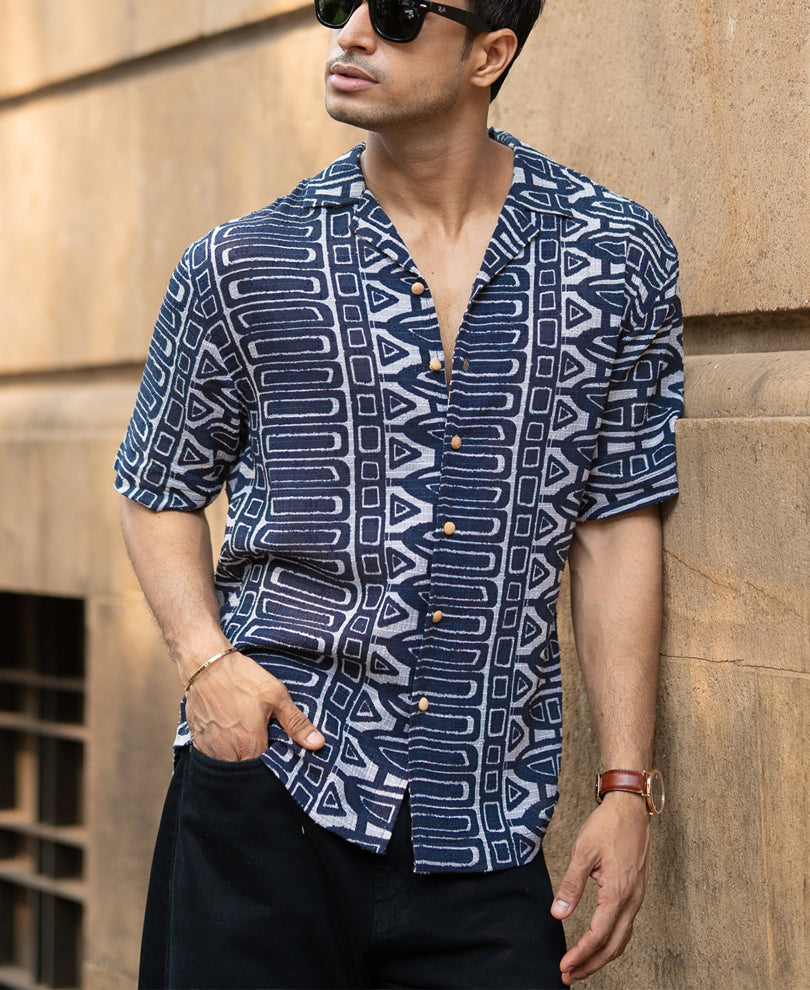 Navy Ethnic Print Shirt