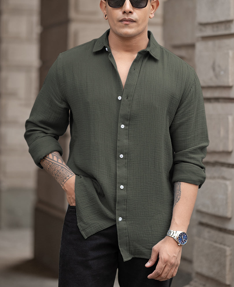 Olive Regular Fit Full Sleeves Plain Shirt