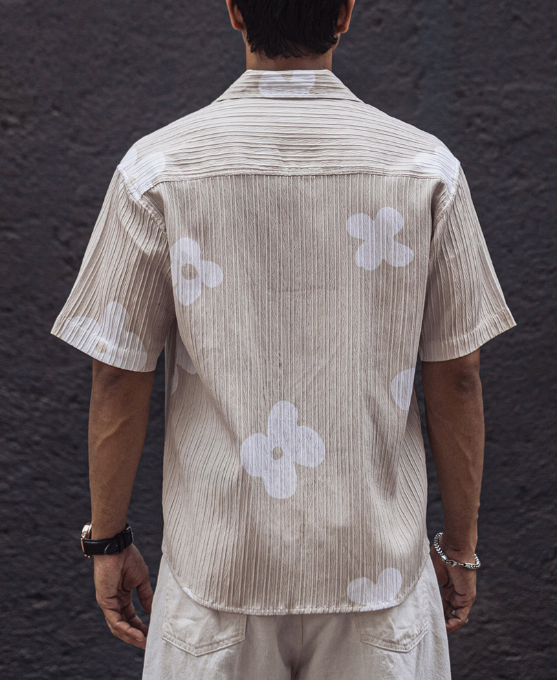 Light Cream Structured Printed Oversized Half Sleeves Shirt