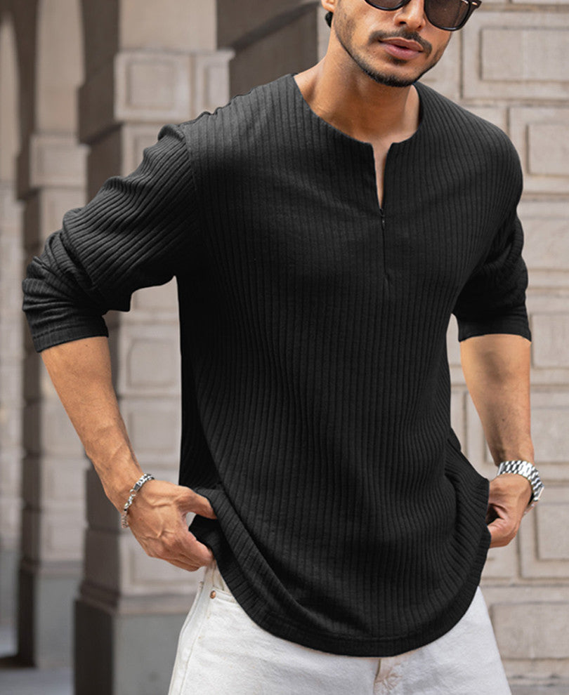 Black Regular Fit T-Shirt With Zip Style