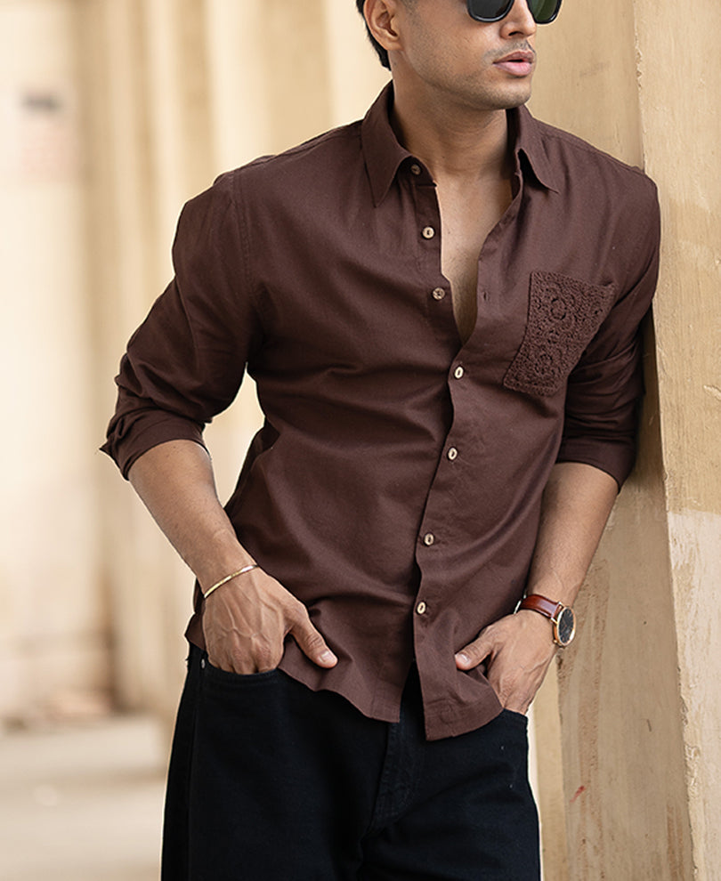 Brown Full Sleeves Regular Fit Linen Shirt