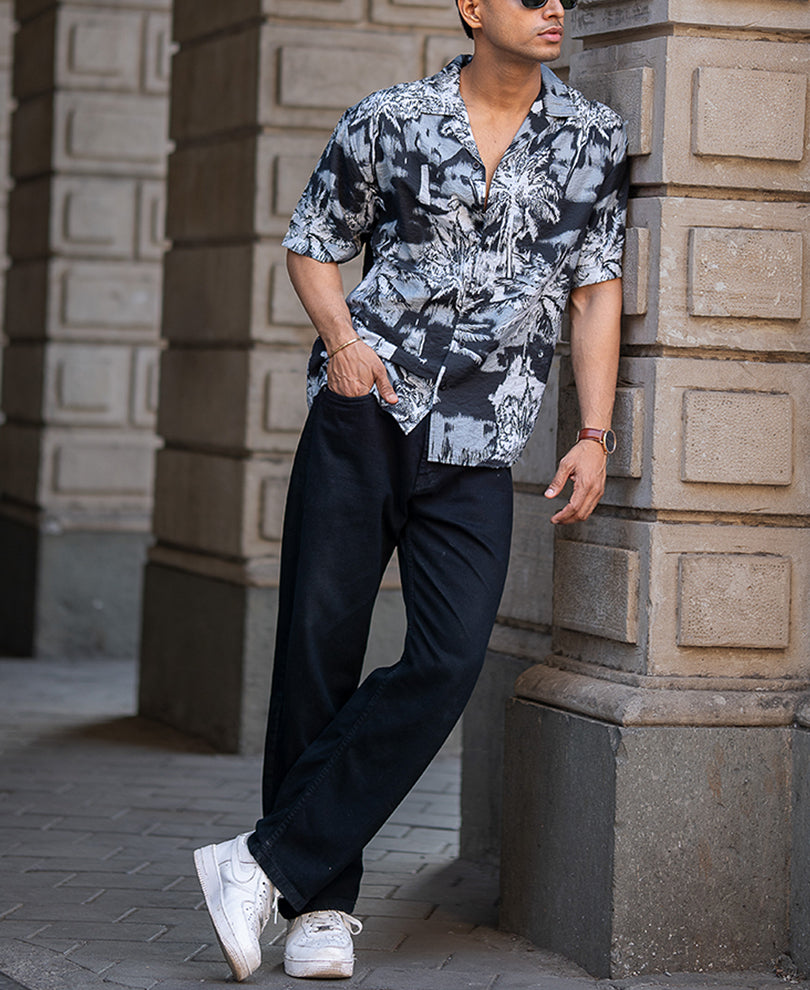 Black Structured Cuban Oversized Half Sleeves Shirt