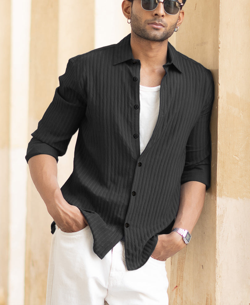 Black Regular Fit Full Sleeves Stripe Shirt