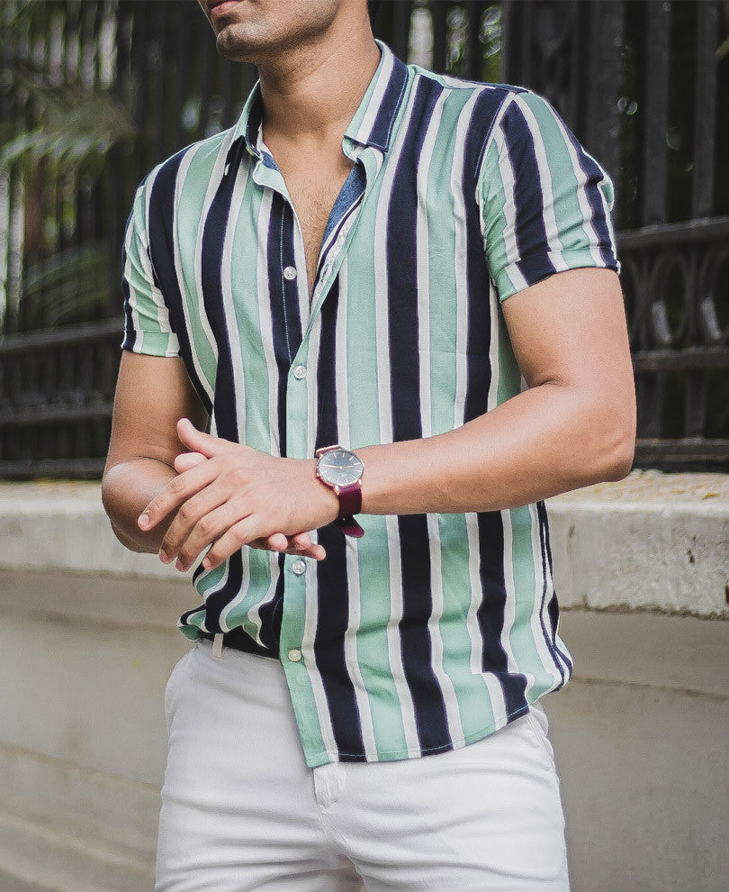 Pista Green Stripes Half Sleeves Shirt