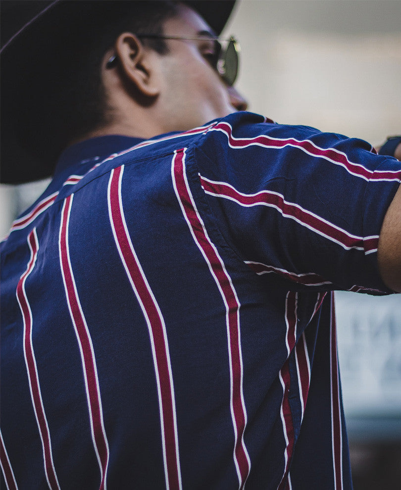 Navy Blue and Red Vertical Stripes Half Sleeves Shirt