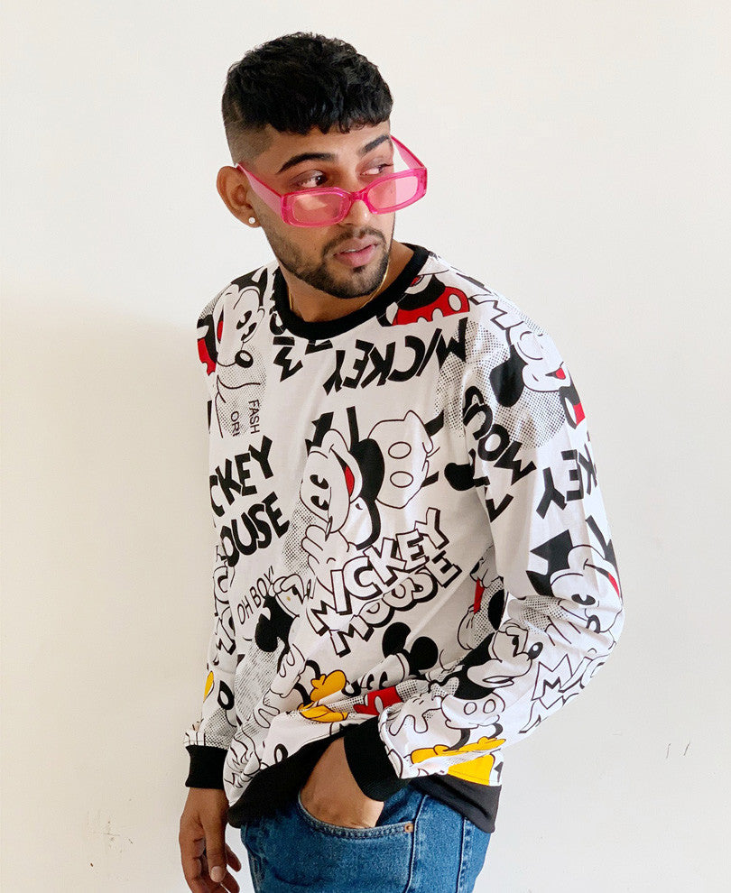 Urban White Mickey Mouse Printed Full Sleeves T Shirt
