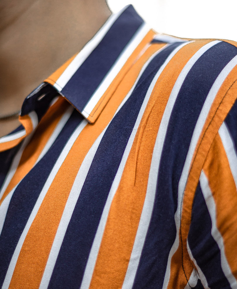 Mustard And Navy Blue Stripes Print Half Sleeves Shirt