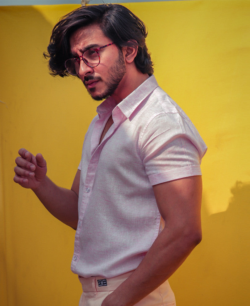 Mens Pink Plain Linen Shirt