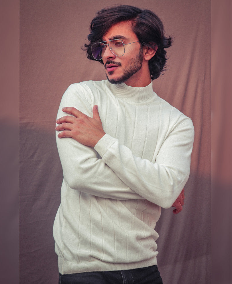 White Knitted High Neck Full Sleeves T Shirt