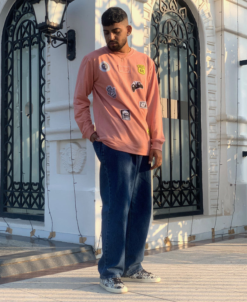 Peach Patched Full Sleeves T Shirt