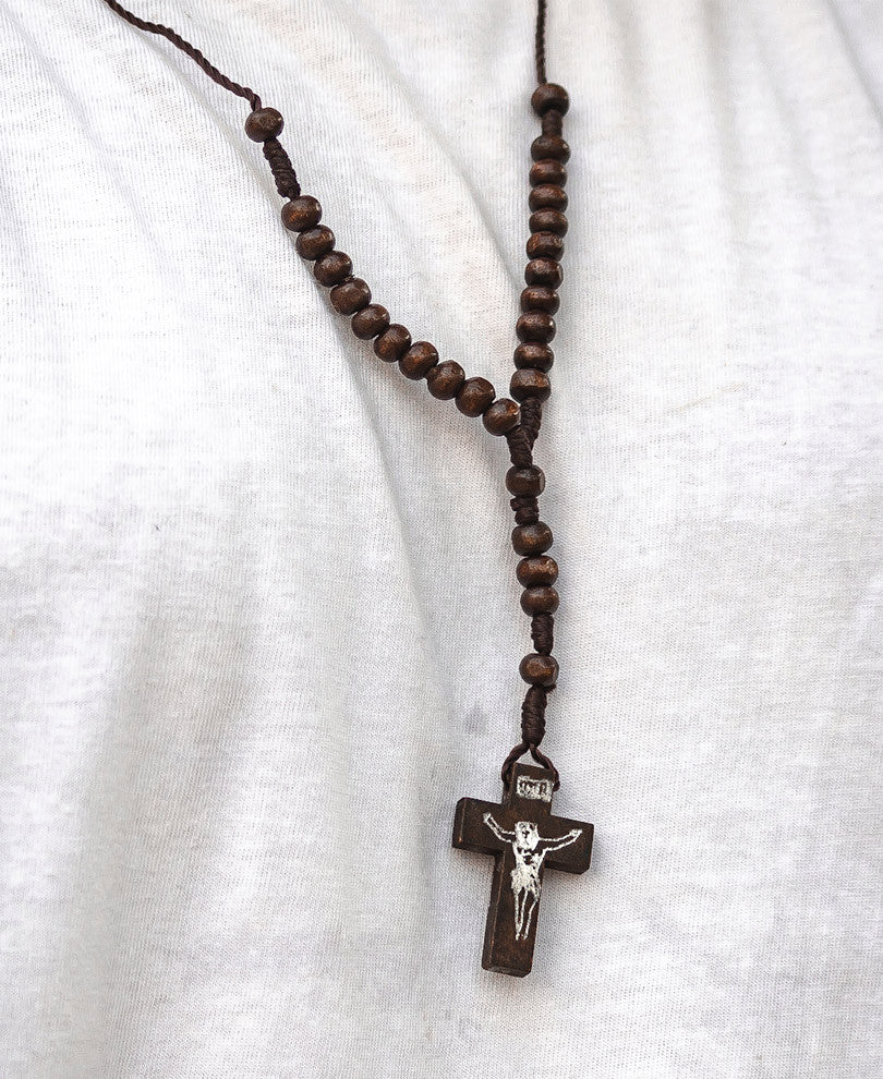 Wooden Rosary Bead Cross Pendant