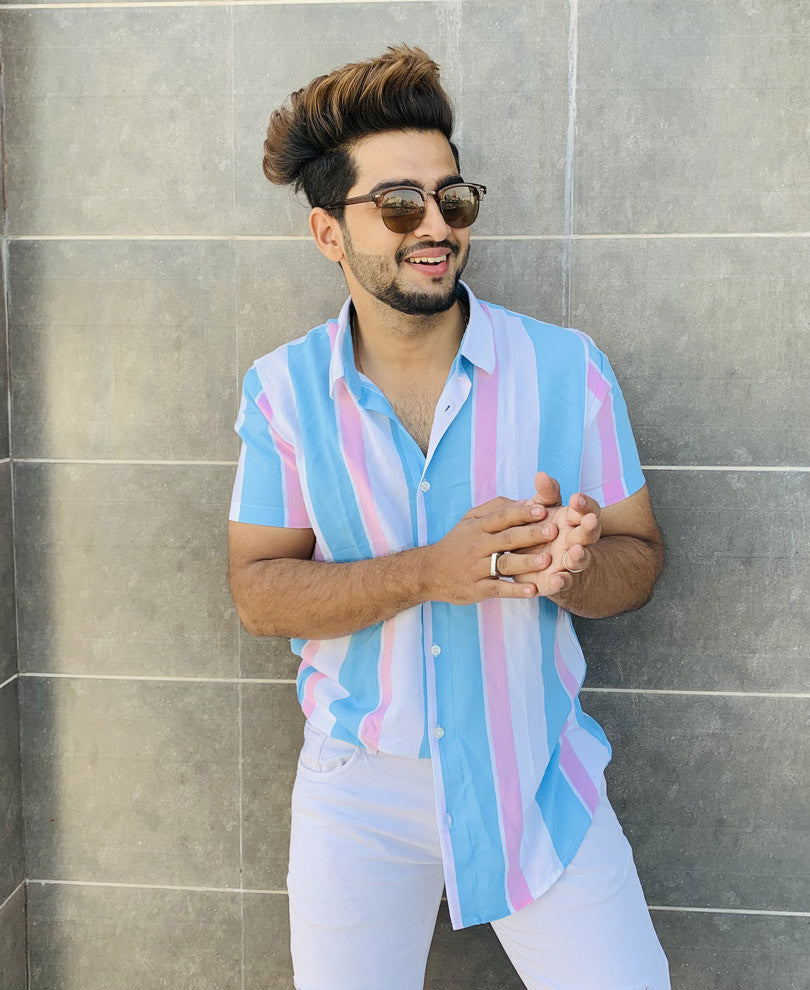 White With Blue Vertical Stripes Half Sleeves Shirt