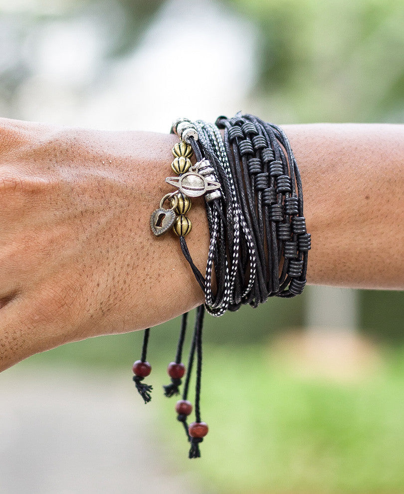 Black With Silver Saturn Mix 3 Wrap Bracelet