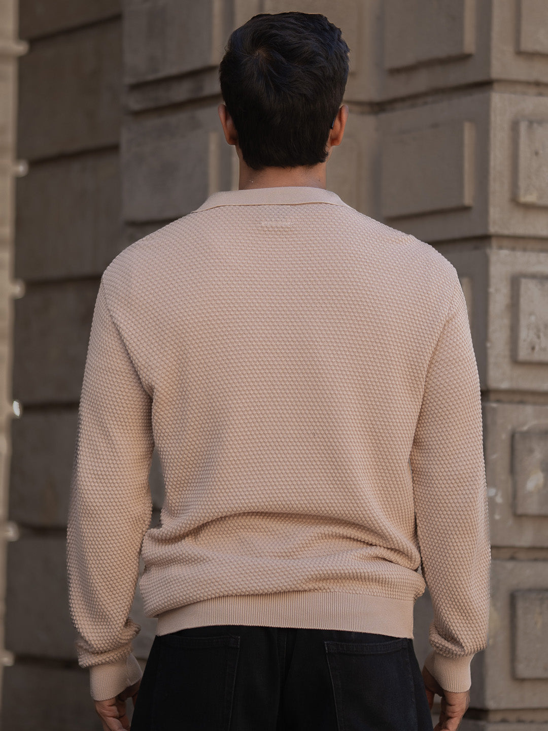 Beige Regular Fit Full Sleeves Structured T-Shirt