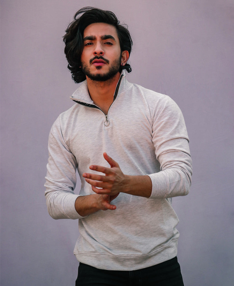 Plain Acro Grey Turtle Neck With Zip Full Sleeves T Shirt