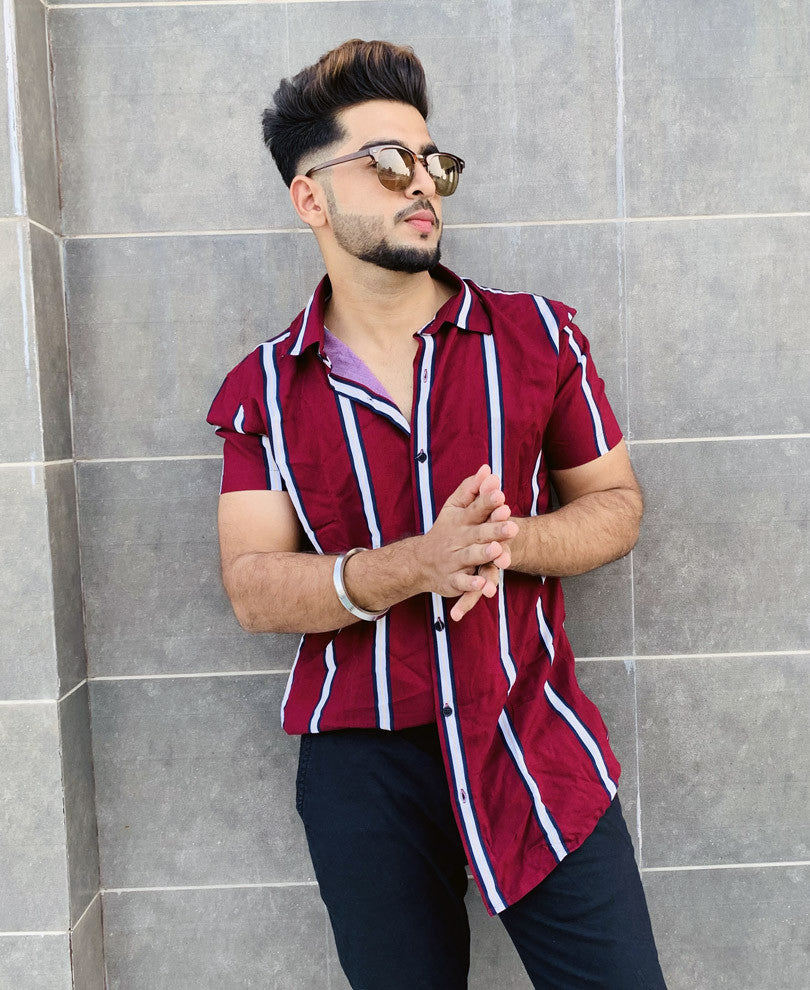 Maroon Multiple Stripes Half Sleeves Shirt