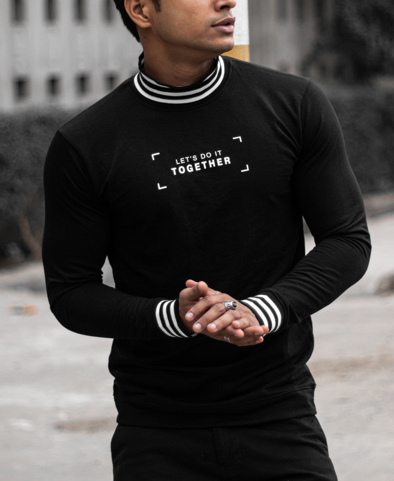 Black Chest Printed High Neck Full Sleeves T Shirt