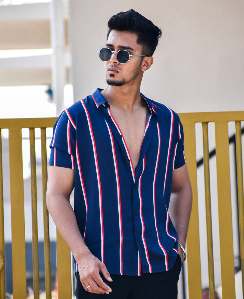 Navy Blue Multiple Stripes Half Sleeves Shirt
