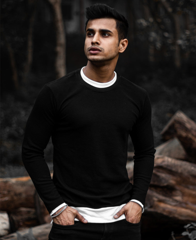 Black Double Crew Neck Full Sleeves T Shirt