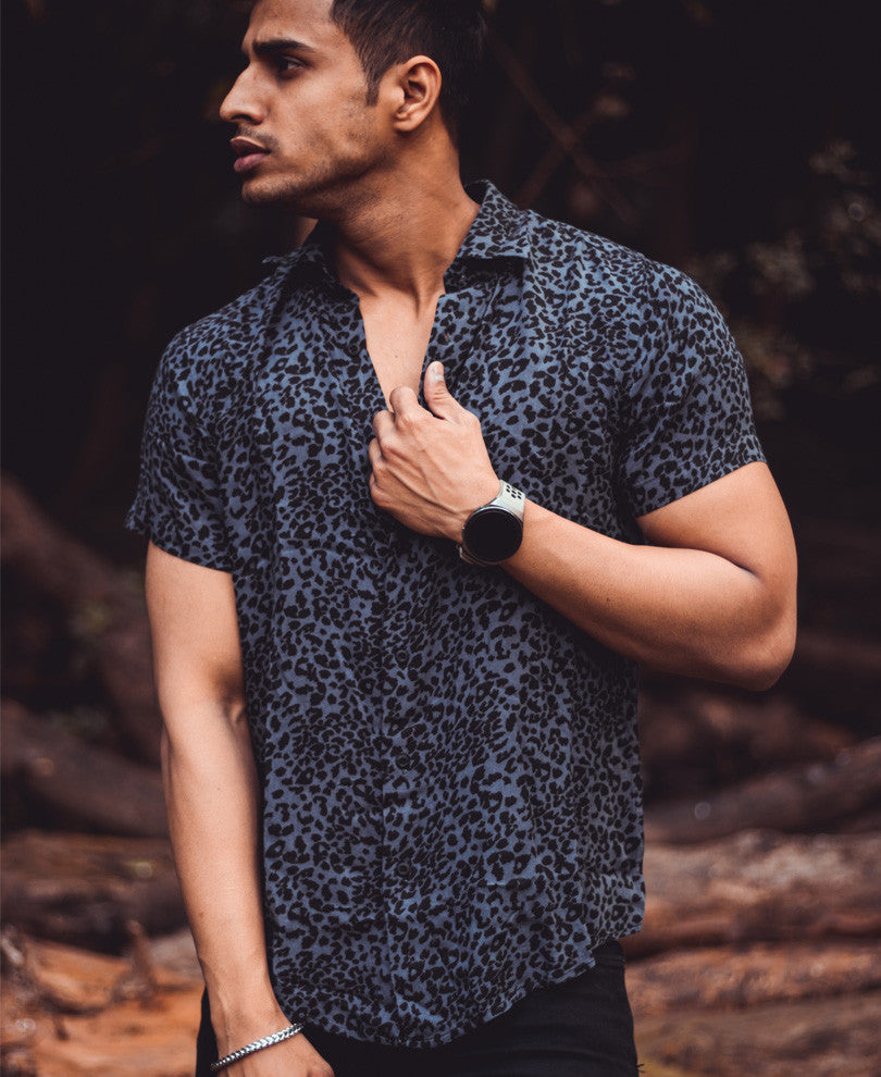 Grey Leopard Print Half Sleeves Shirt