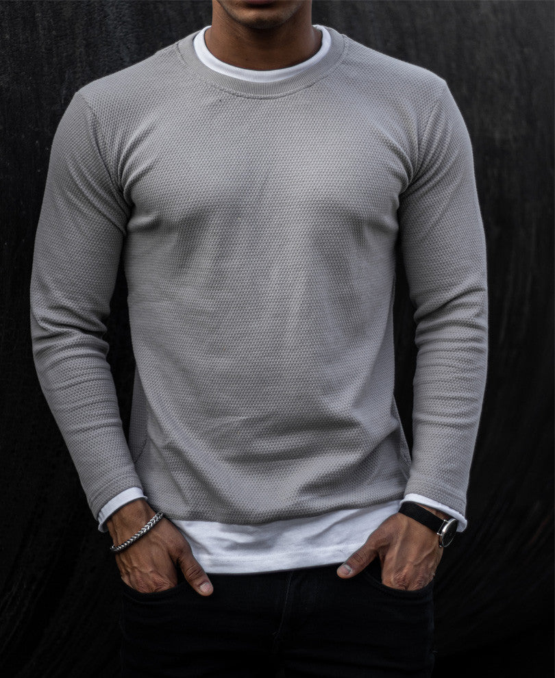 Grey Double Crew Neck Full Sleeves T Shirt