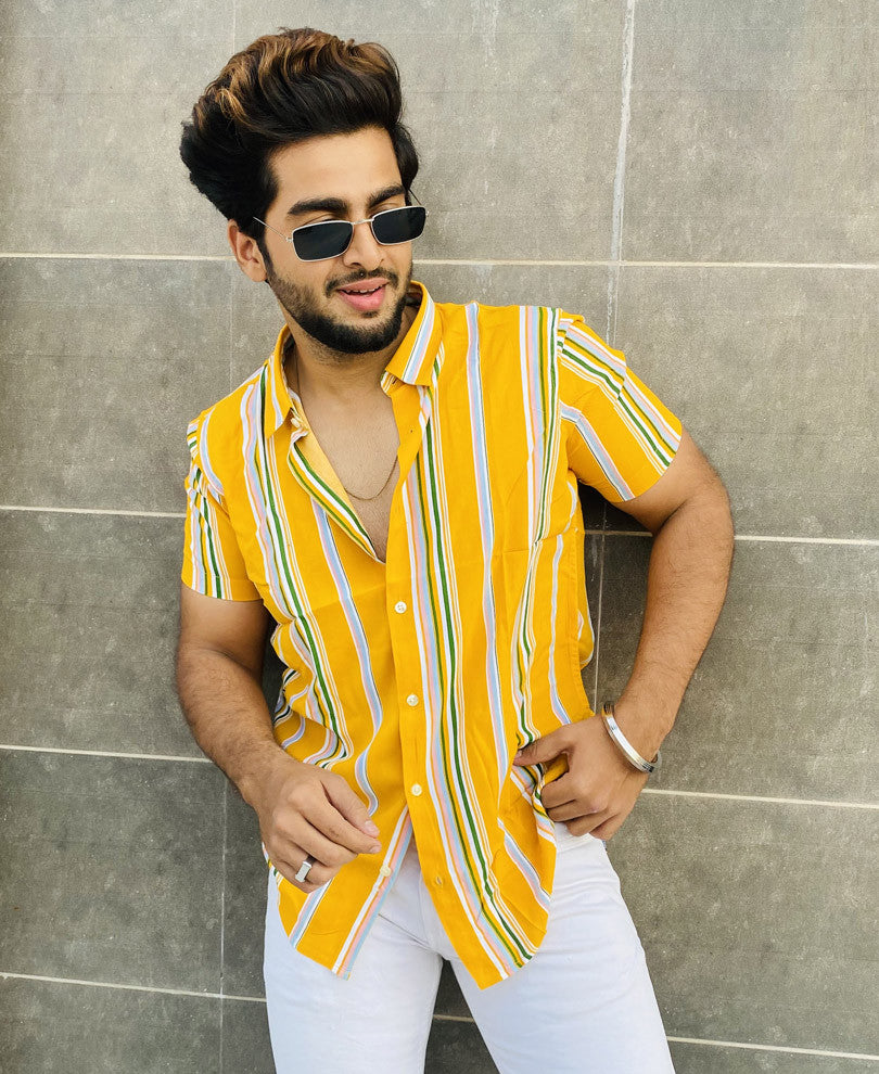 Yellow Vertical Stripes Half Sleeves Shirt