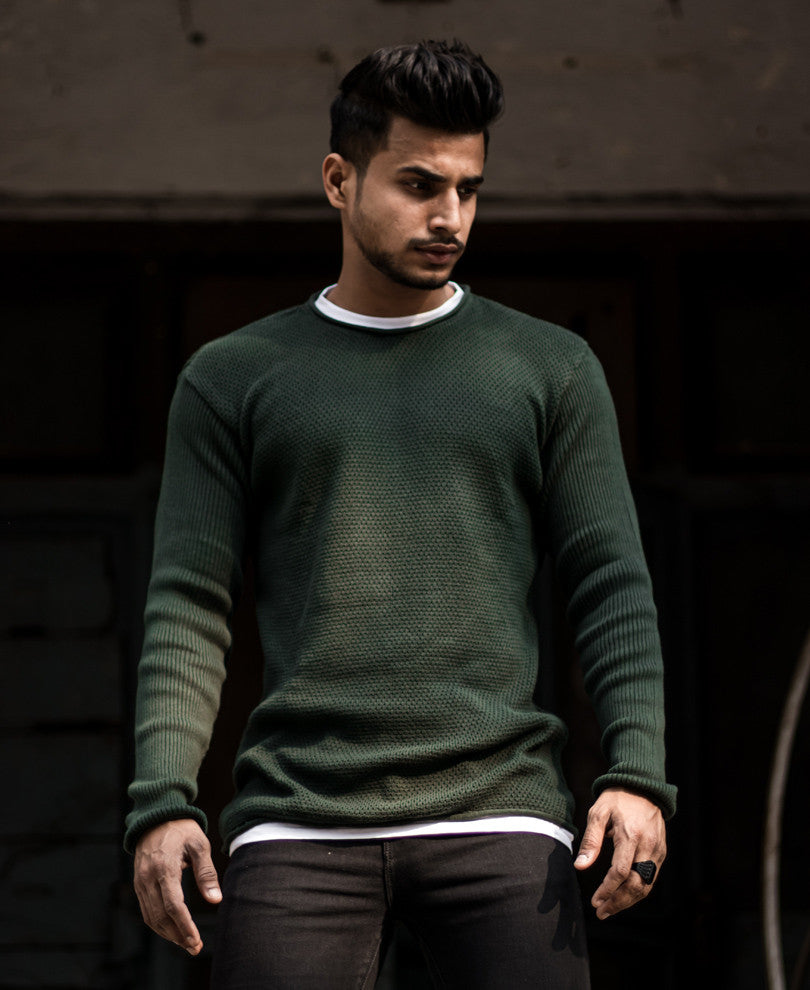 Olive Green Knitted Full Sleeves T Shirt