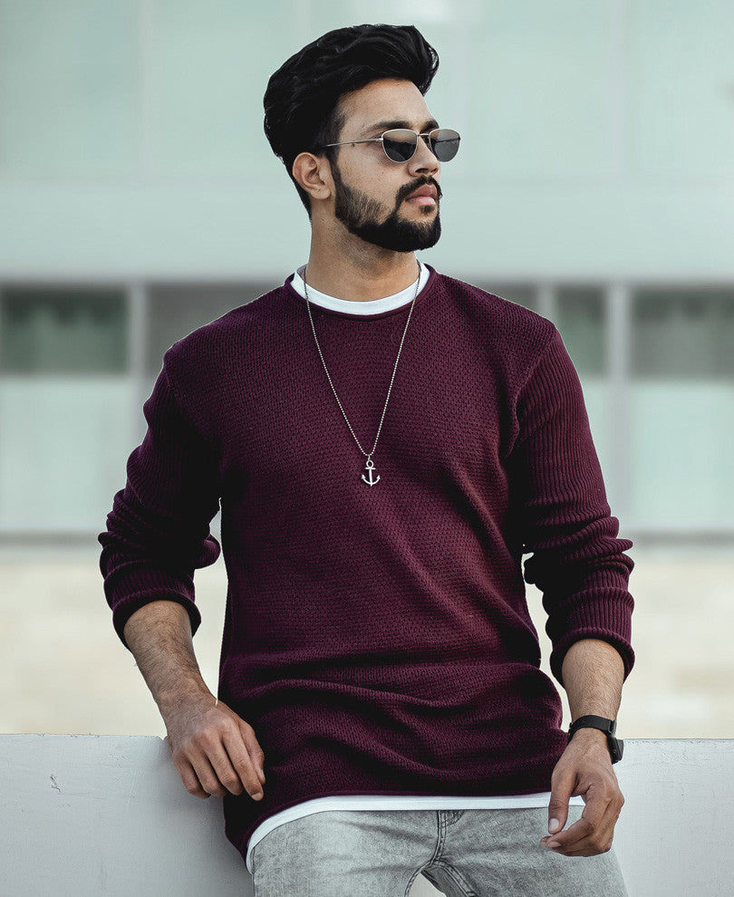 Maroon Knitted Full Sleeves T Shirt