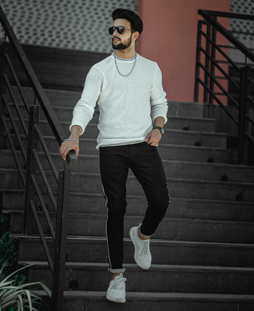 White Knitted Full Sleeves T Shirt